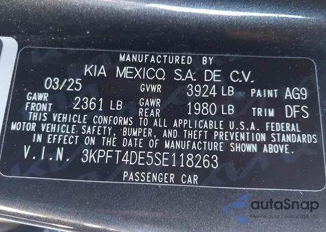 2025 Kia K4 Lxs из США, поврежденный, VIN 3KPFT4DE5SE118263